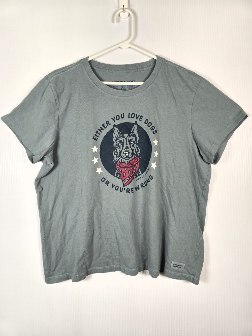 NWOT Life Is Good Women's Olive Green Short Sleeve Love Dogs Cotton T-Shirt XL